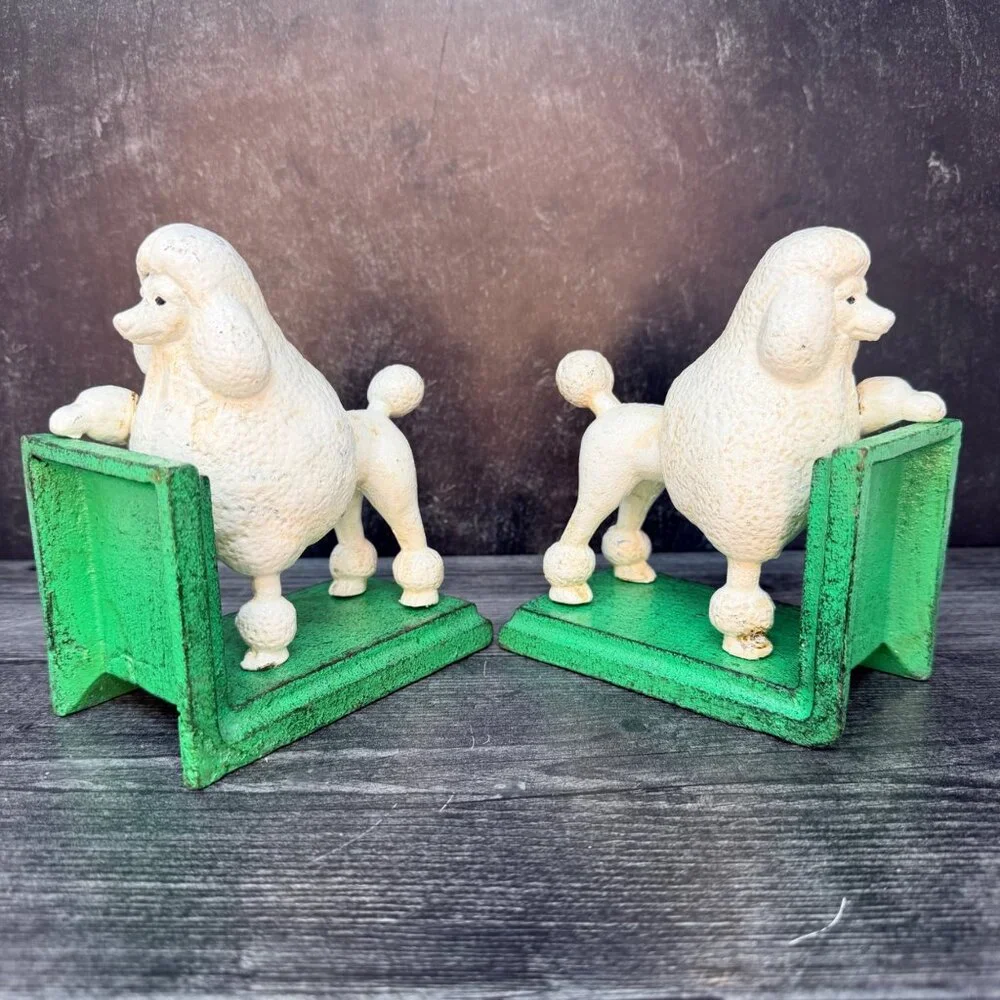 Cast Iron White Poodle Dog Bookends Pair Vintage Style Midcentury MCM Heavy